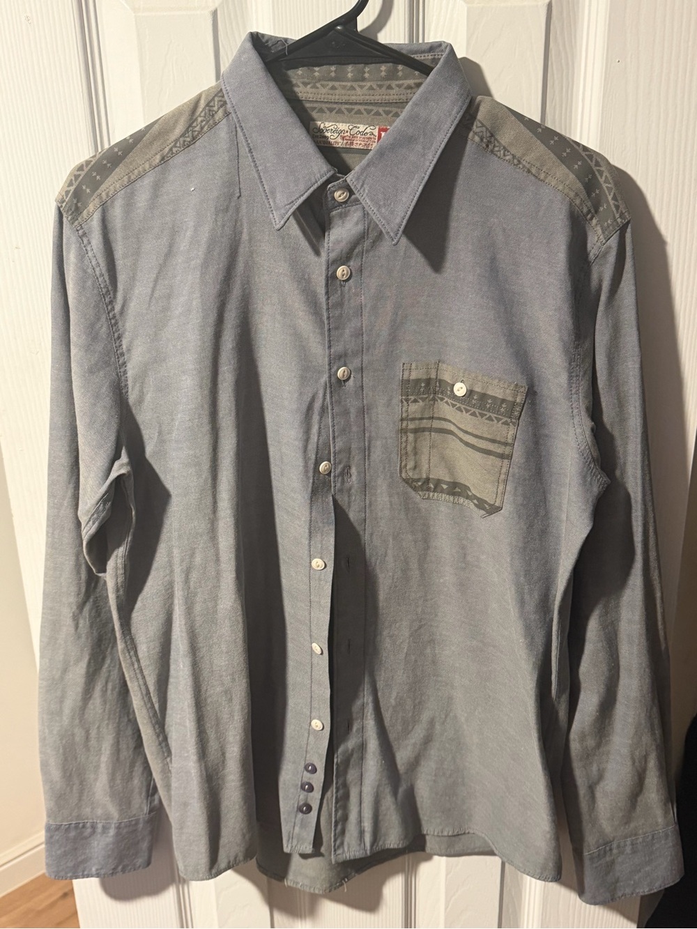 Sovereign Code Men's Gray Button-Down Shirt with Patterned Accents